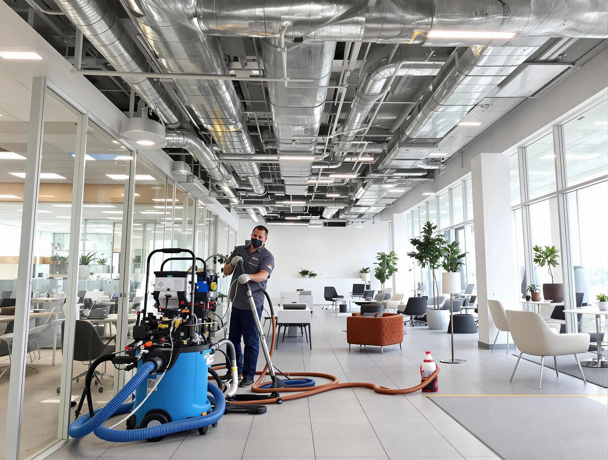 Berthoud Air Duct Cleaning team conducting comprehensive commercial duct cleaning at a business location in Berthoud